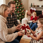 Girl receiving a gift in luxury botanical Christmas wrapping paper with a red velvet bow. Wrapped Studios.