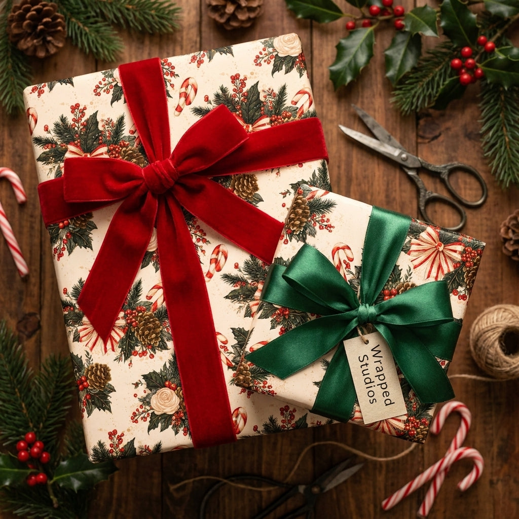 Vintage Christmas wrapping paper with holly pinecone print and luxury velvet ribbon by Wrapped Studios.