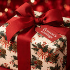 Vintage Christmas gift wrap with a red ribbon and holiday tag by Wrapped Studios.