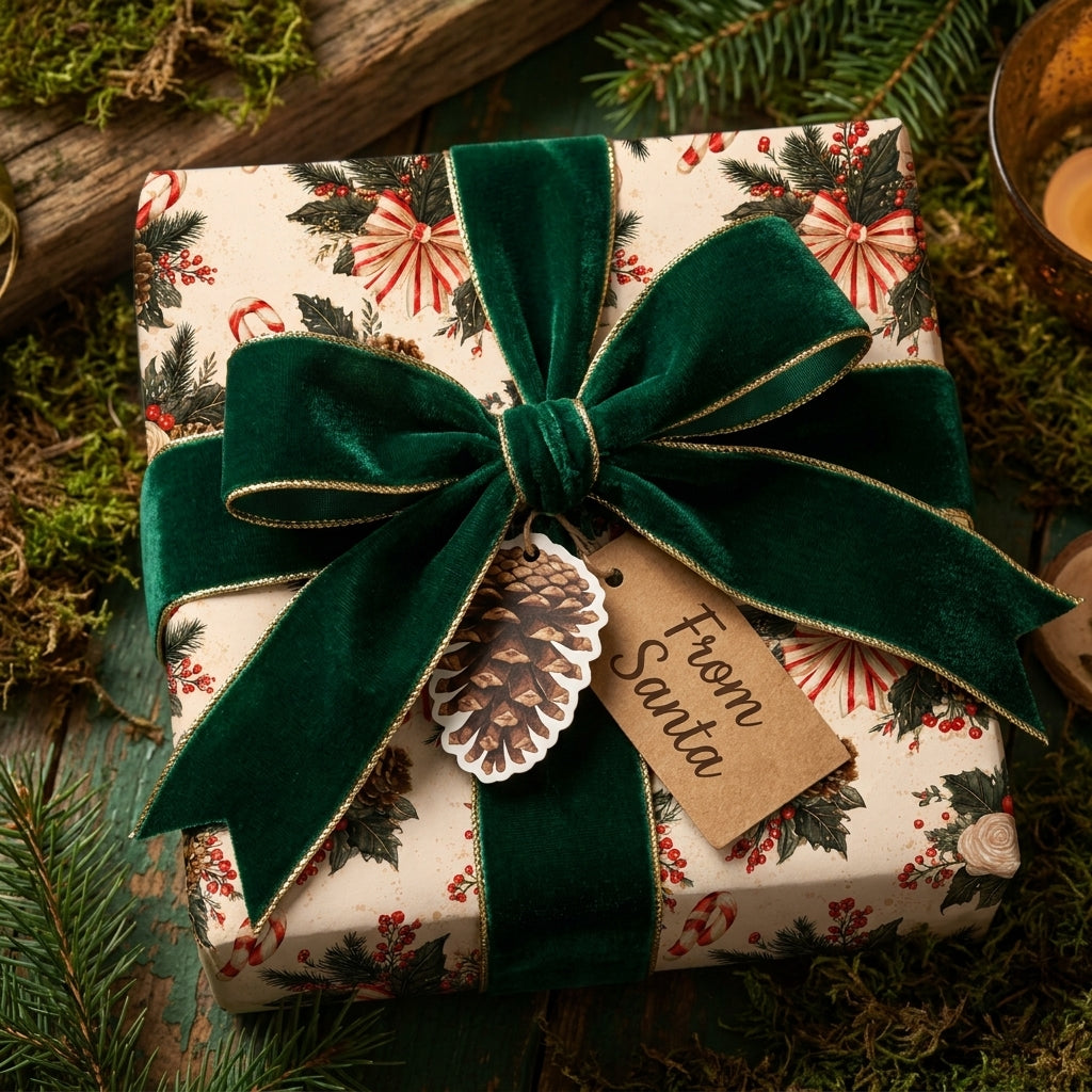 Vintage Christmas wrapping paper with a green velvet bow and 'From Santa' tag by Wrapped Studios.