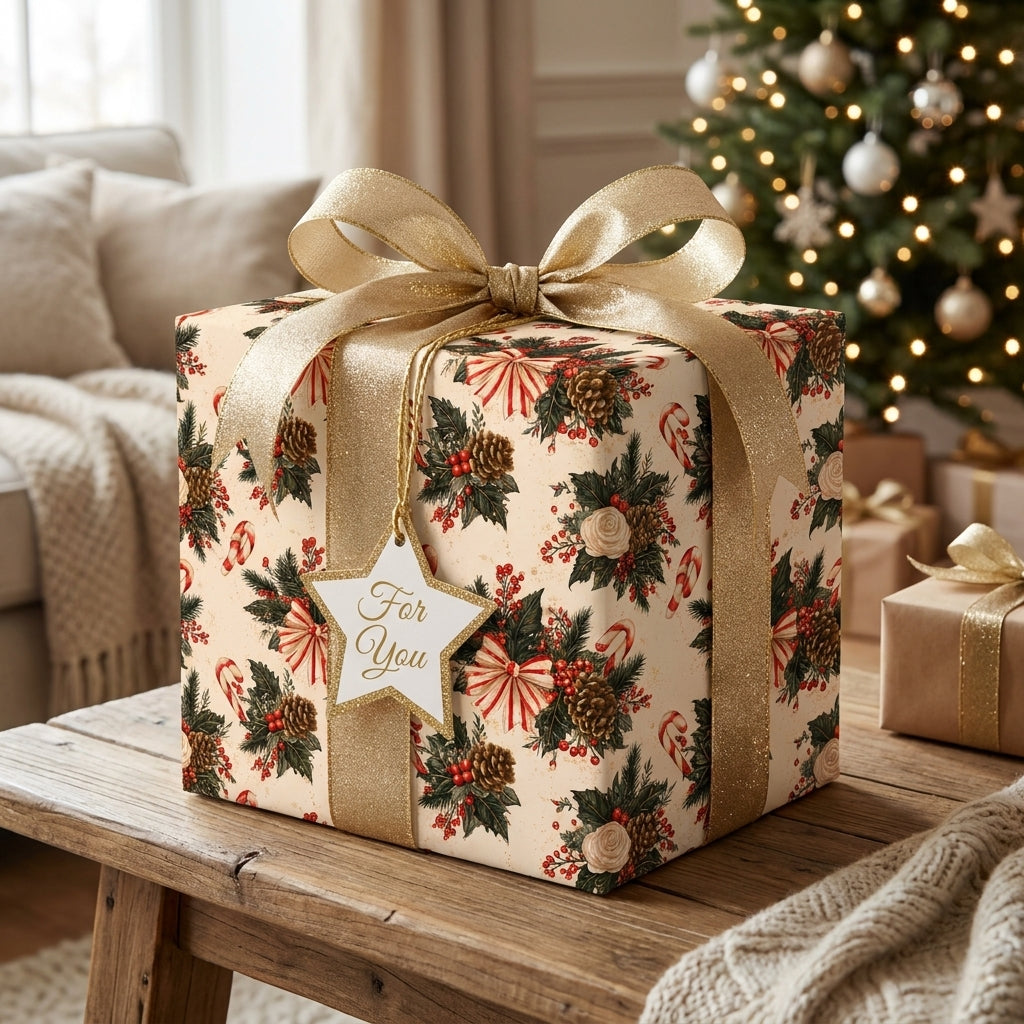 Vintage Christmas gift wrap with pinecones and a gold bow by Wrapped Studios.