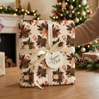 Vintage Christmas wrapping paper with candy canes, cream ribbon, and a Joyeux Noel tag by Wrapped Studios.