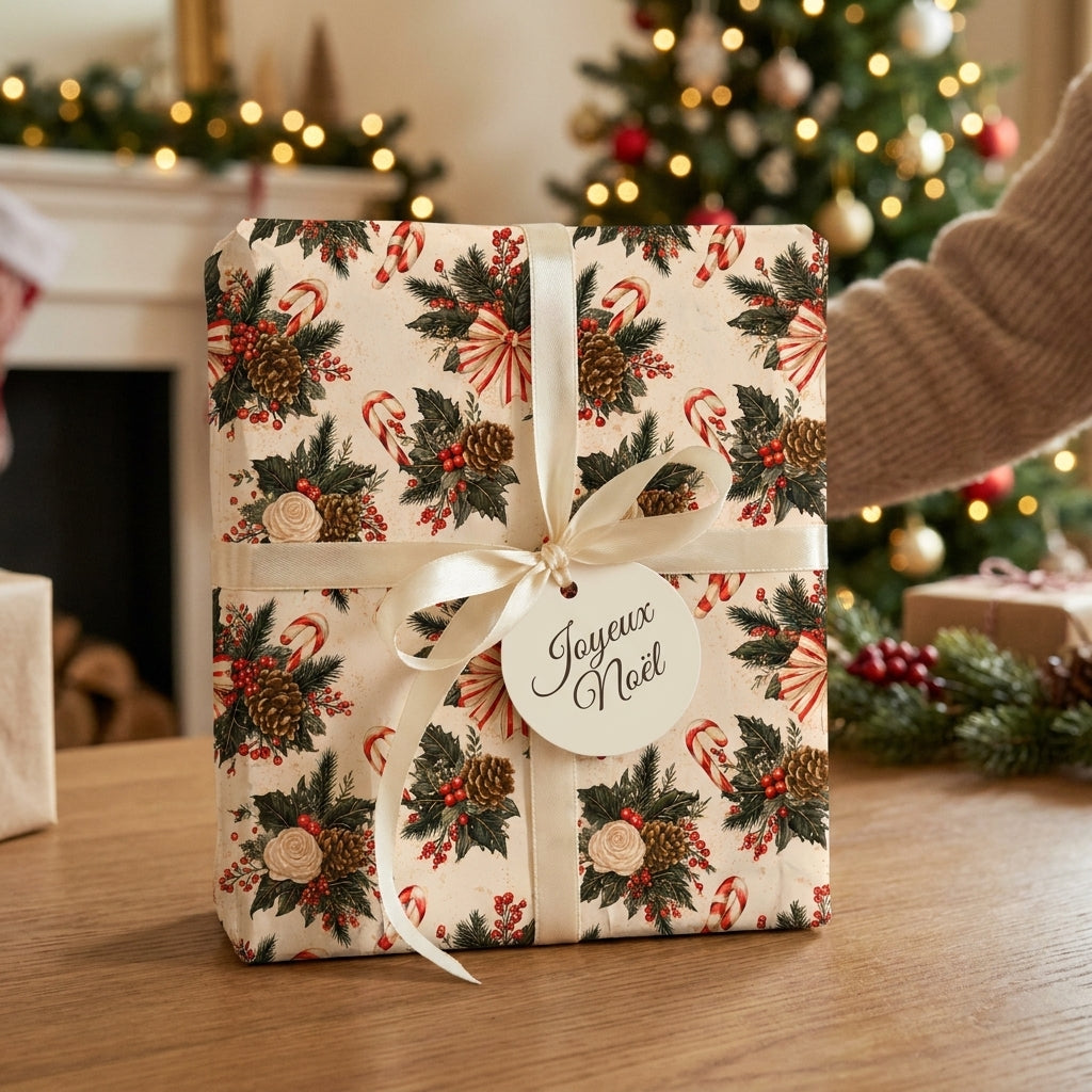 Vintage Christmas wrapping paper with candy canes, cream ribbon, and a Joyeux Noel tag by Wrapped Studios.