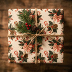 Vintage Christmas wrapping paper with candy canes and pine, tied with twine by Wrapped Studios.