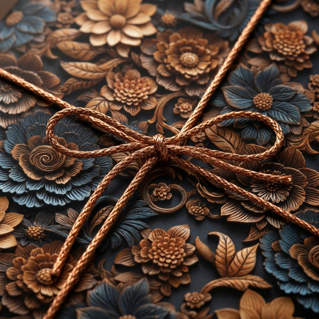 Luxury floral wrapping paper with bronze & teal embossed design, copper ribbon. Elegant gift wrap by Wrapped Studios.