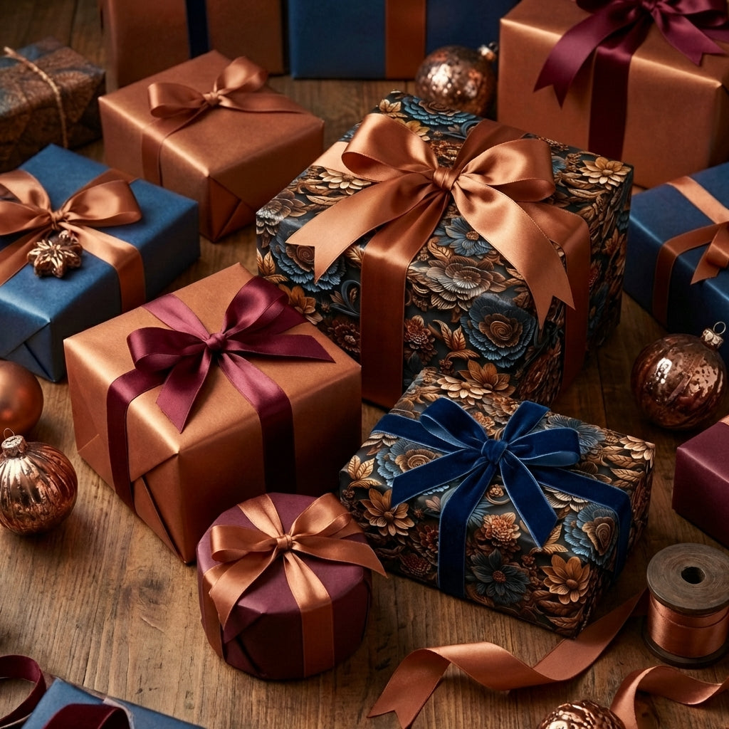 Wrapped Studios' luxury floral wrapping paper: dark blue & gold botanical design with satin & velvet ribbons. Perfect for elegant gifts.