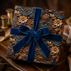 Luxury floral wrapping paper with gold & blue embossed flowers, dark blue velvet ribbon. Elegant gift wrap by Wrapped Studios.