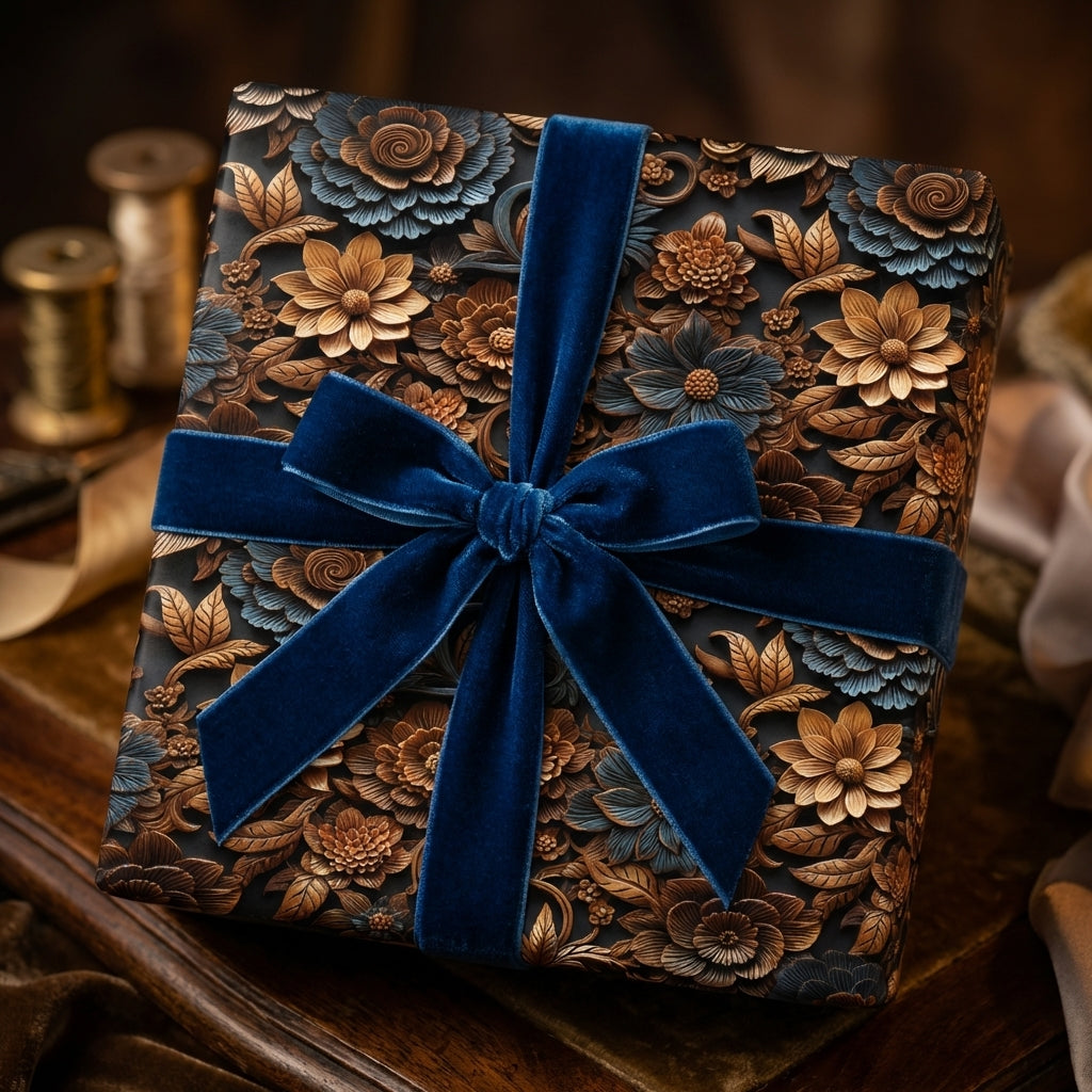 Luxury floral wrapping paper with gold & blue embossed flowers, dark blue velvet ribbon. Elegant gift wrap by Wrapped Studios.
