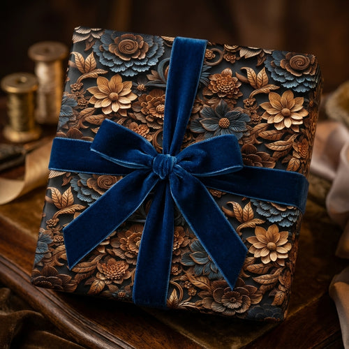 Luxury floral wrapping paper with gold & blue embossed flowers, dark blue velvet ribbon. Elegant gift wrap by Wrapped Studios.
