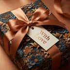Luxury dark floral wrapping paper with gold and blue flowers, copper ribbon bow, and 'With Love' gift tag. Elegant wrap.