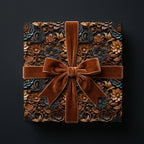Wrapped Studios: Luxury embossed gold floral wrapping paper with blue accents and a velvet brown bow. Elegant gift wrap.