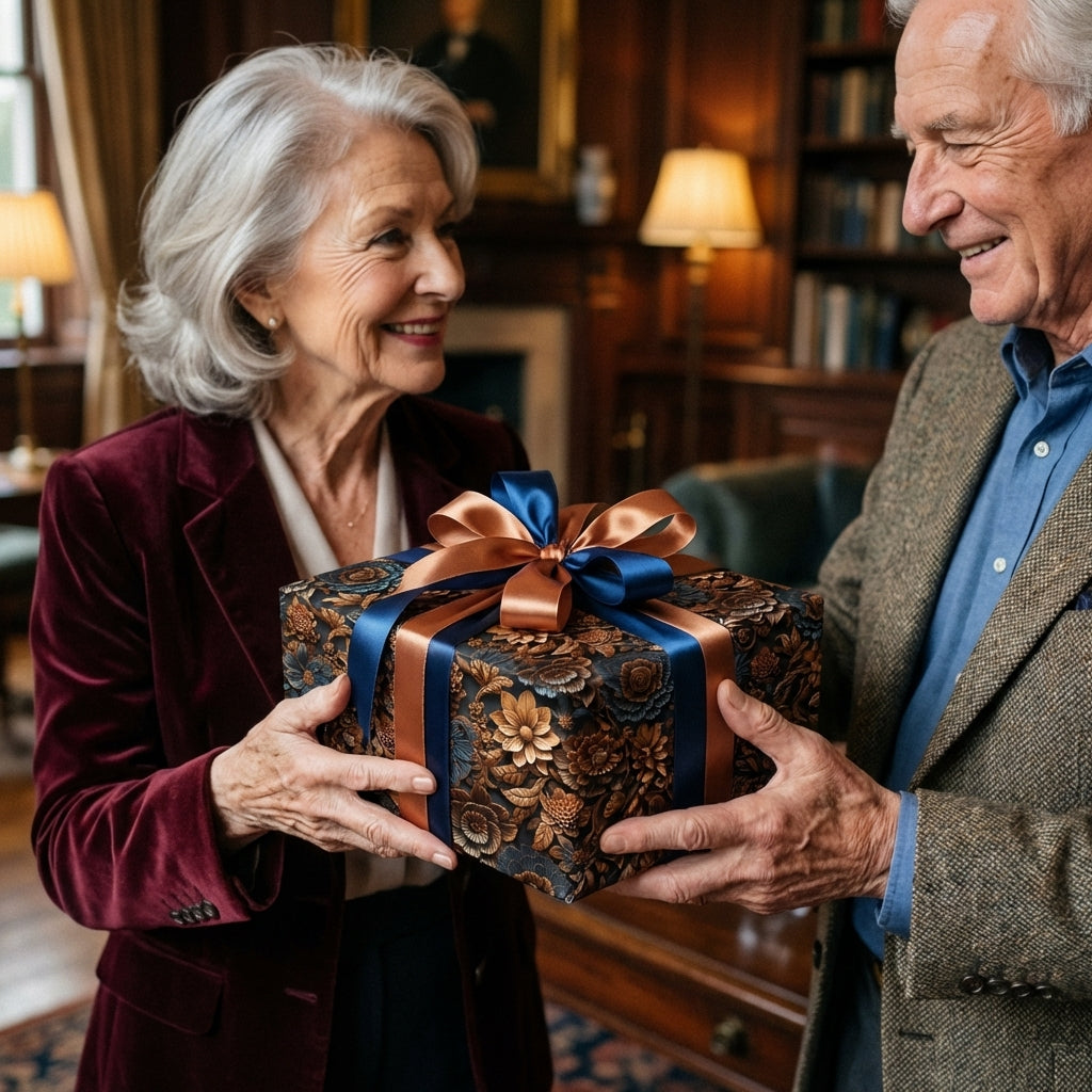 Luxury dark floral wrapping paper with gold accents & blue/copper ribbons. Elegant special occasion gift by Wrapped Studios.