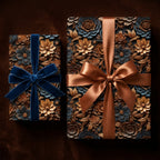Wrapped Studios luxury floral gift wrap with gold & blue flowers, bronze satin & blue velvet ribbons.