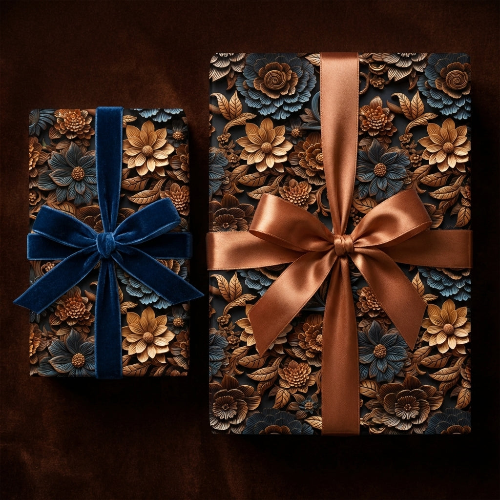Wrapped Studios luxury floral gift wrap with gold & blue flowers, bronze satin & blue velvet ribbons.