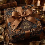 Luxury vintage floral wrapping paper with gold & blue flowers, bronze ribbon, and 'With You Always' tag for elegant gifts.