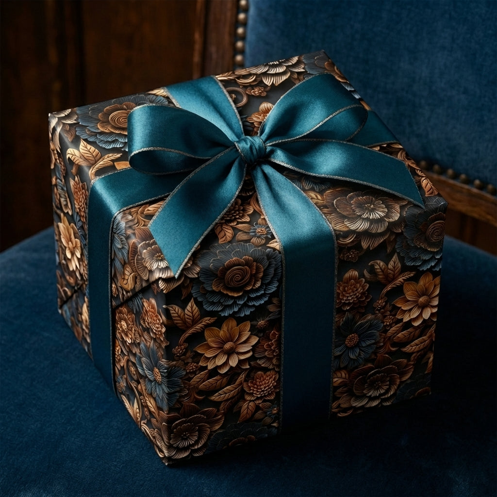 Wrapped Studios luxury floral gift wrap: dark teal and copper flowers, elegant teal satin ribbon bow.
