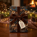 Wrapped Studios: Elegant Christmas floral wrapping paper with gold details, velvet bow, "Season's Greetings" tag.