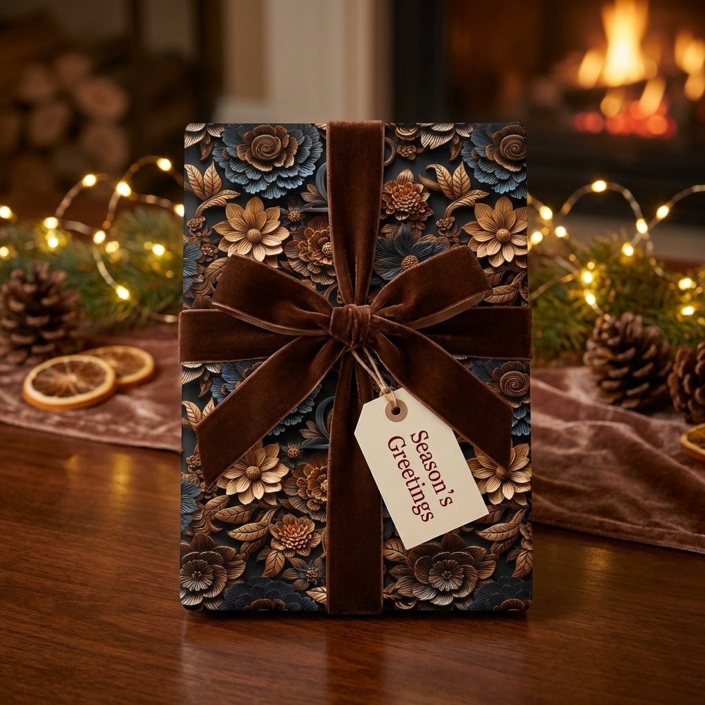 Wrapped Studios: Elegant Christmas floral wrapping paper with gold details, velvet bow, "Season's Greetings" tag.