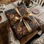 Dark floral luxury wrapping paper with gold ribbon for elegant birthday or holiday gifts by Wrapped Studios.