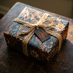 Masculine vintage dark floral gift wrap, bronze & teal, with rustic jute bow and "Love You, Dad" tag.