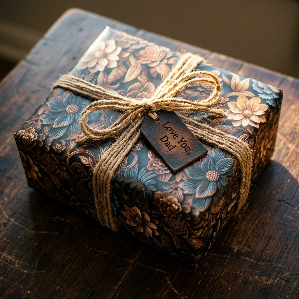 Masculine vintage dark floral gift wrap, bronze & teal, with rustic jute bow and "Love You, Dad" tag.