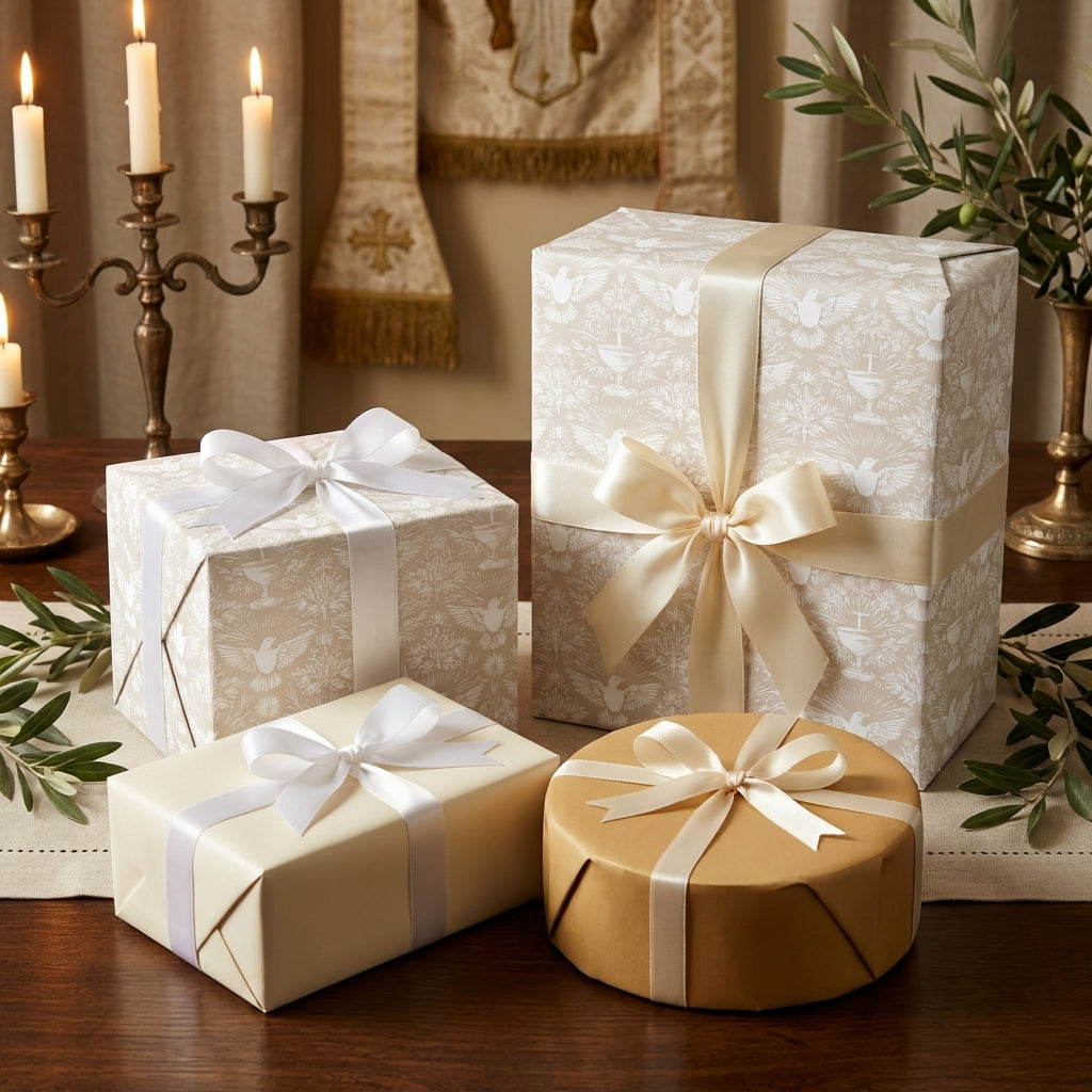Baptism and First Communion wrapping paper with elegant white dove and chalice motifs by Wrapped Studios.