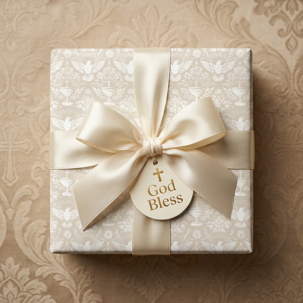 Elegant baptism wrapping paper with doves and God Bless tag. Luxury religious gift wrap by Wrapped Studios.