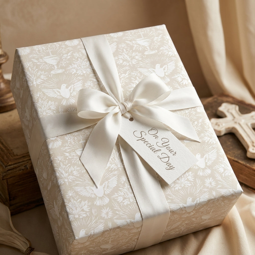 Elegant baptism wrapping paper with a white dove pattern and cream satin bow by Wrapped Studios.