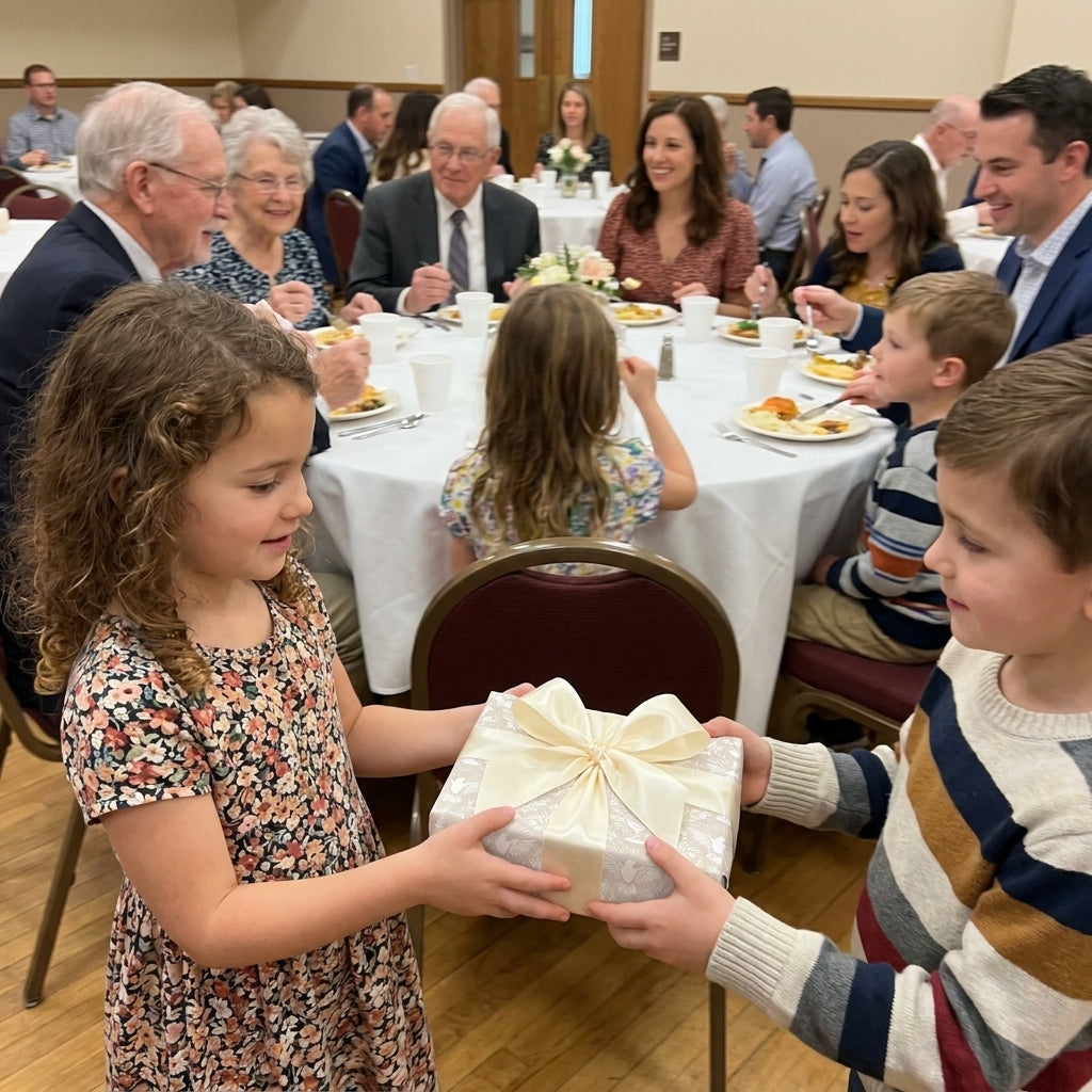 Kids share a gift in elegant silver floral wrapping paper with cream satin bow by Wrapped Studios.