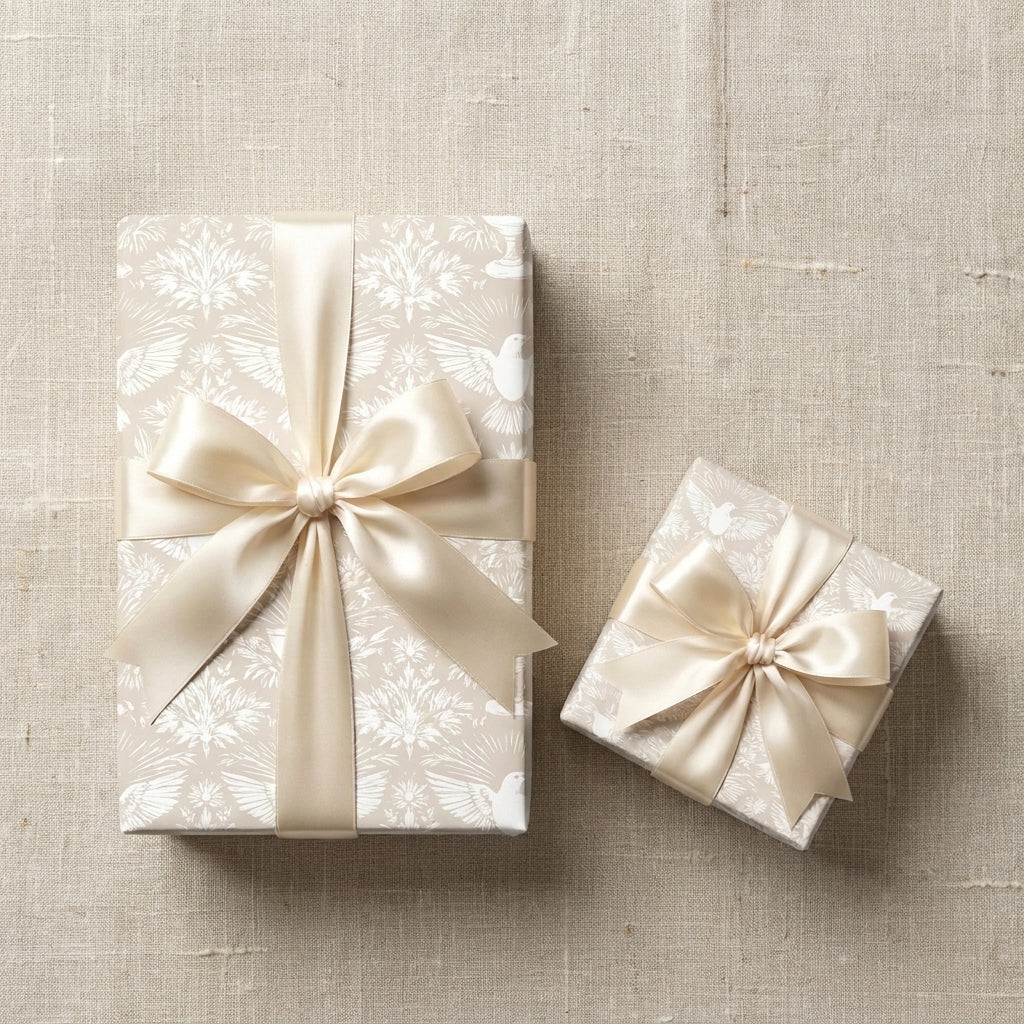 Elegant wedding wrapping paper with white dove pattern and cream satin bows by Wrapped Studios.