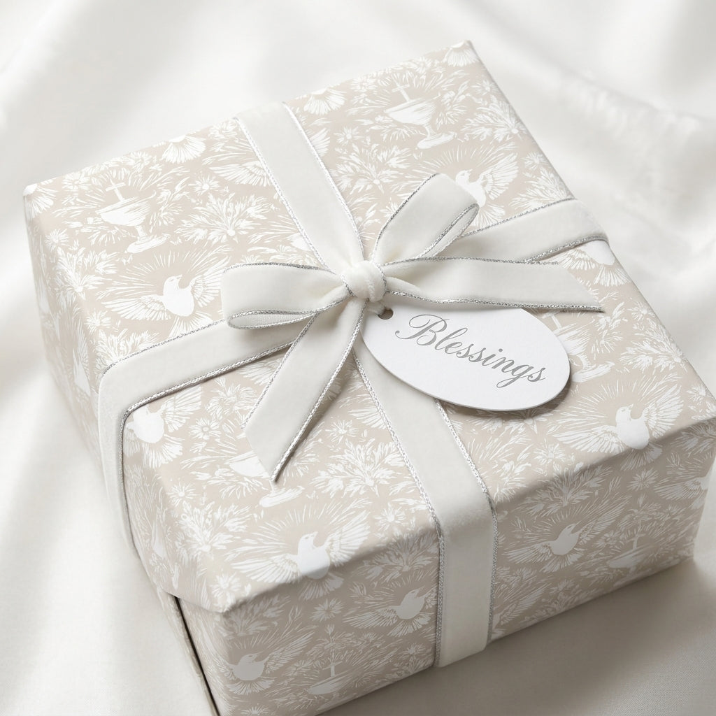 Elegant baptism wrapping paper with dove pattern and white velvet ribbon by Wrapped Studios.