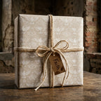 Religious baptism wrapping paper with white doves, rustic twine, and Faith tag by Wrapped Studios.