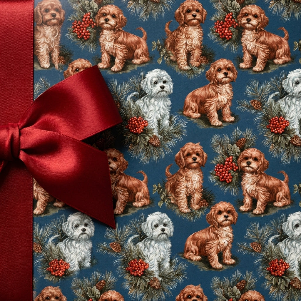 Cute puppy Christmas wrapping paper with festive dogs and a red satin bow by Wrapped Studios.