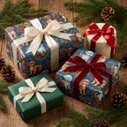 Cute dog Christmas wrapping paper with velvet ribbons on holiday gifts by Wrapped Studios.