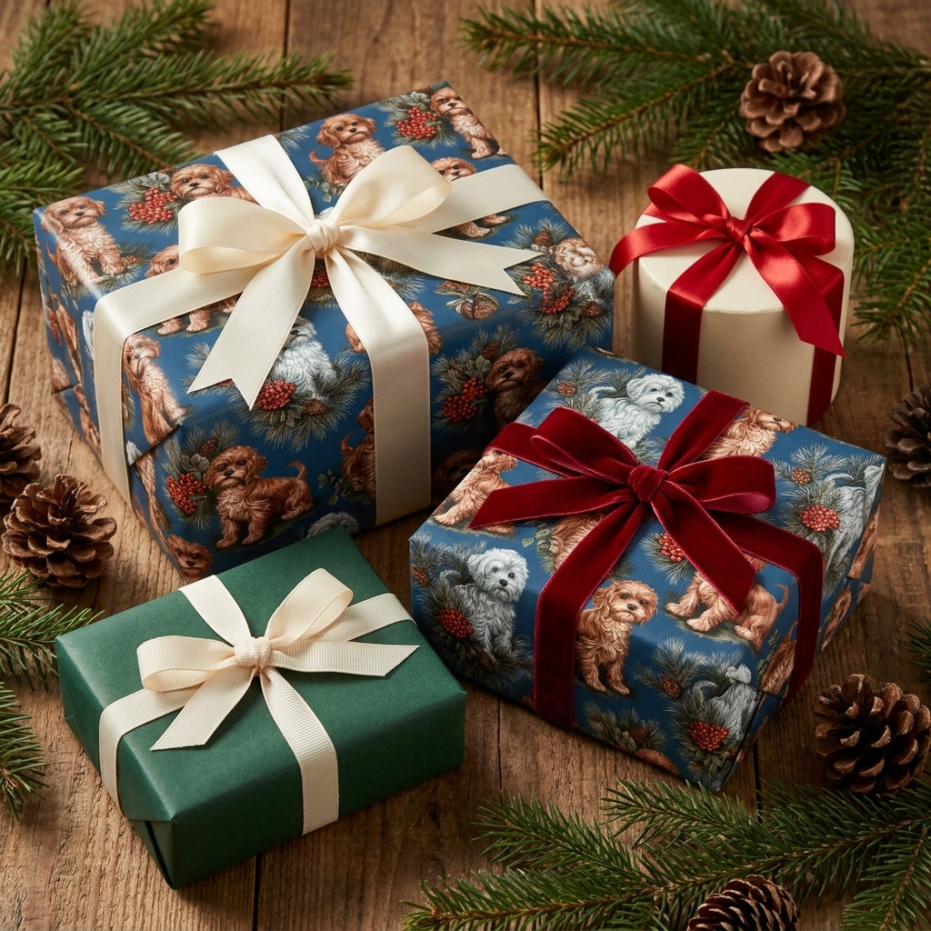 Cute dog Christmas wrapping paper with velvet ribbons on holiday gifts by Wrapped Studios.