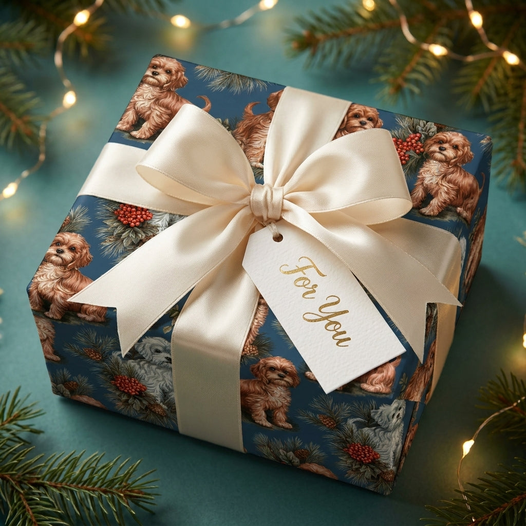Cockapoo dog Christmas gift wrap with cream satin ribbon and 'For You' tag by Wrapped Studios.