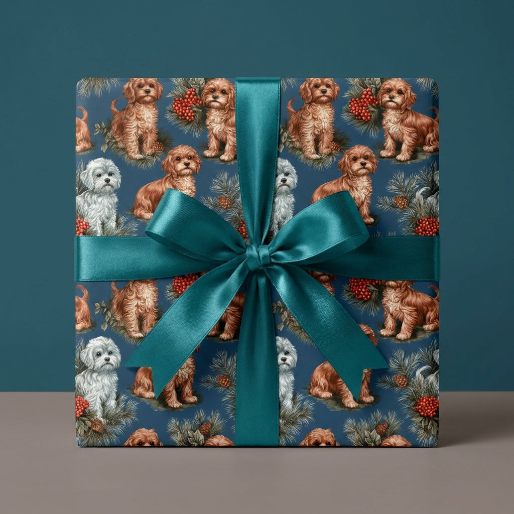 Puppy dog Christmas gift wrap with a festive pine pattern and a teal satin ribbon by Wrapped Studios.