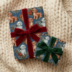 Puppy dog Christmas wrapping paper with red and green velvet bows on cozy knit blanket by Wrapped Studios.