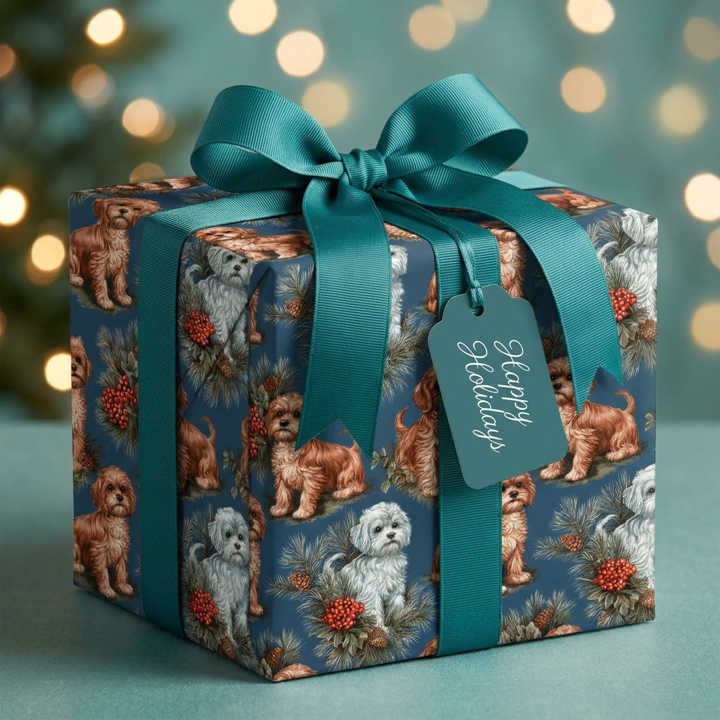 Cute dog Christmas wrapping paper with a teal ribbon and Happy Holidays tag, by Wrapped Studios.