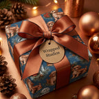 Christmas dog wrapping paper with a copper ribbon bow and festive ornaments by Wrapped Studios.