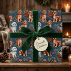 Cavoodle dog Christmas wrapping paper with a green velvet ribbon on a holiday gift by Wrapped Studios.