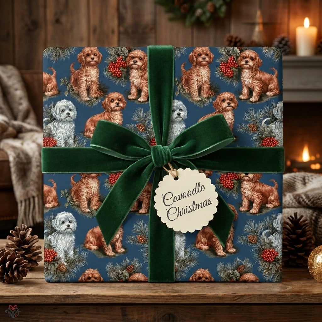 Cavoodle dog Christmas wrapping paper with a green velvet ribbon on a holiday gift by Wrapped Studios.