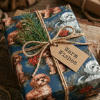 Rustic dog Christmas wrapping paper by Wrapped Studios, featuring puppy print, twine, and Warm Wishes tag.
