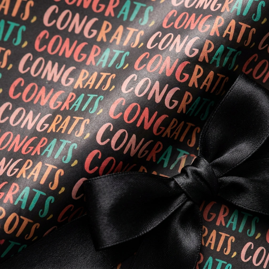Modern black congratulations wrapping paper with colorful congrats text and satin bow by Wrapped Studios.