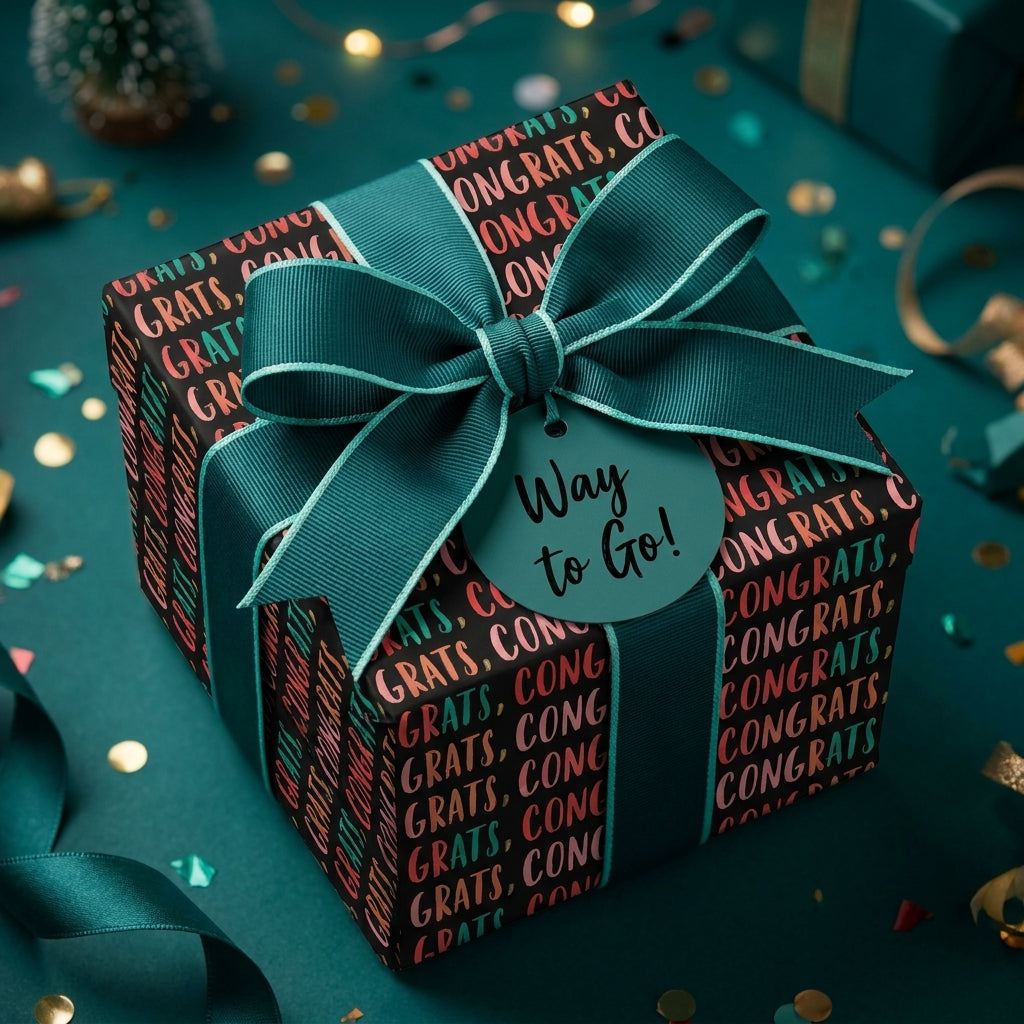 Congratulations wrapping paper with a teal bow and "Way to Go" tag on a gift box by Wrapped Studios.