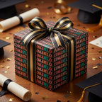 Congrats graduation wrapping paper with a black and gold striped ribbon by Wrapped Studios.