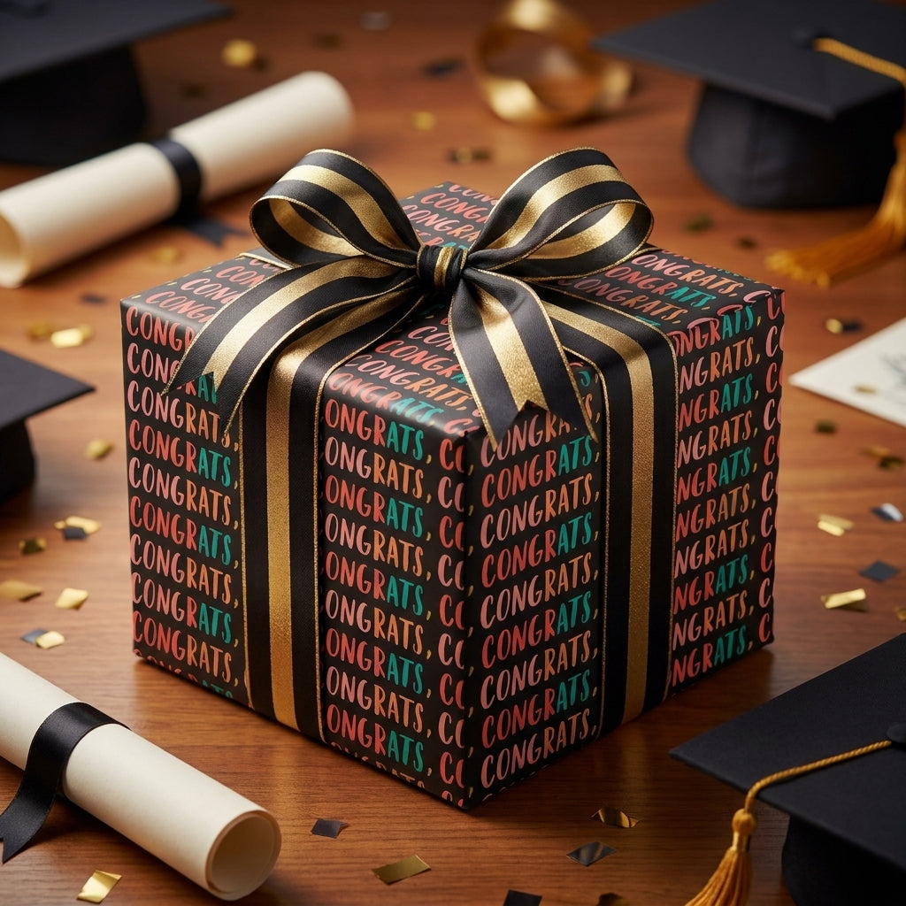 Congrats graduation wrapping paper with a black and gold striped ribbon by Wrapped Studios.