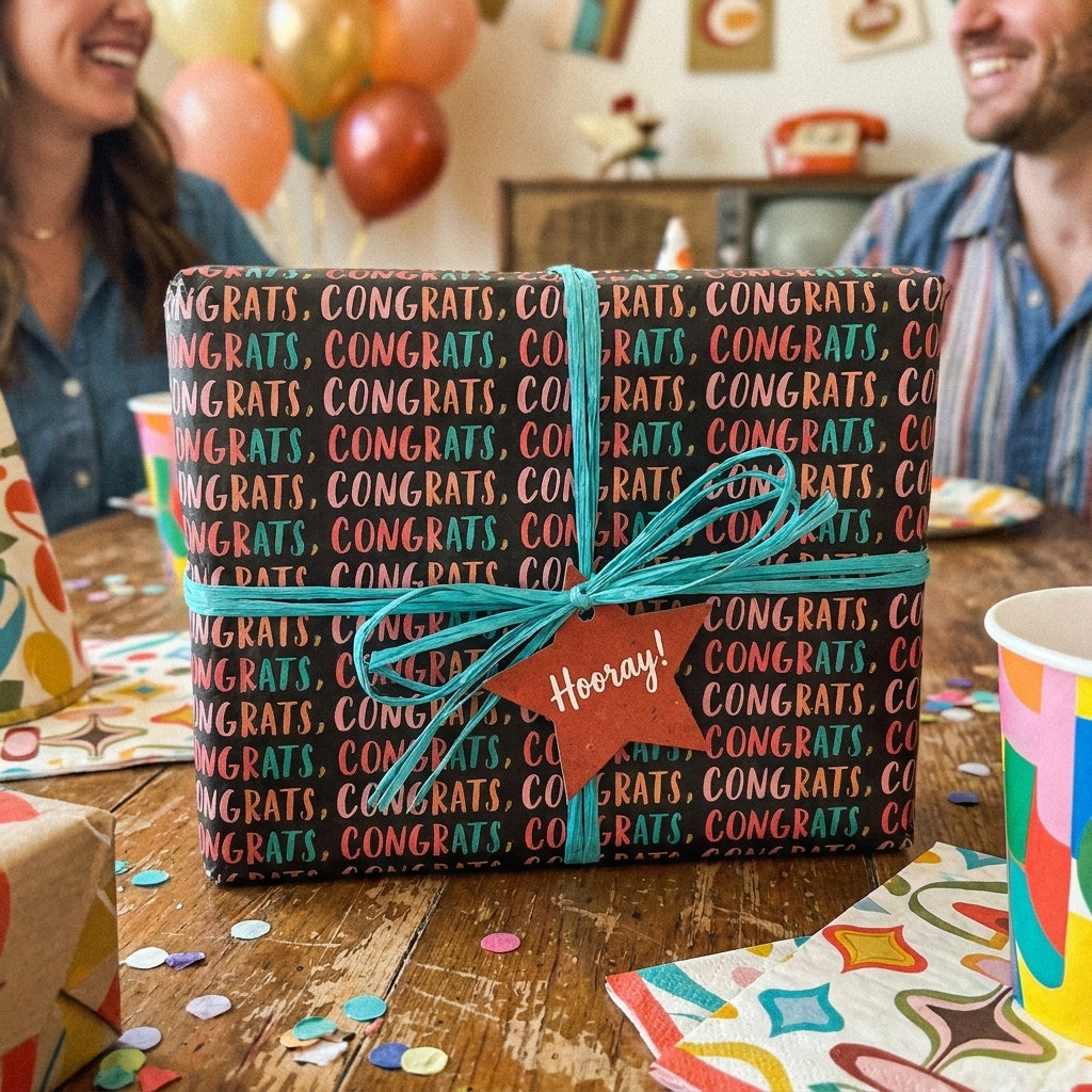 Congratulations wrapping paper with colorful text and a teal bow at a party by Wrapped Studios.