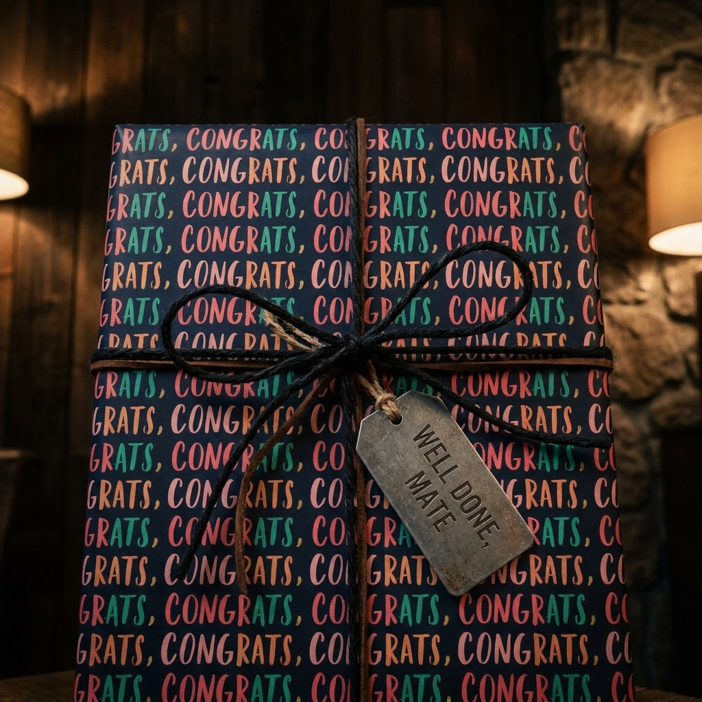 Congrats wrapping paper with teal and pink text, twine bow, and well done tag by Wrapped Studios.
