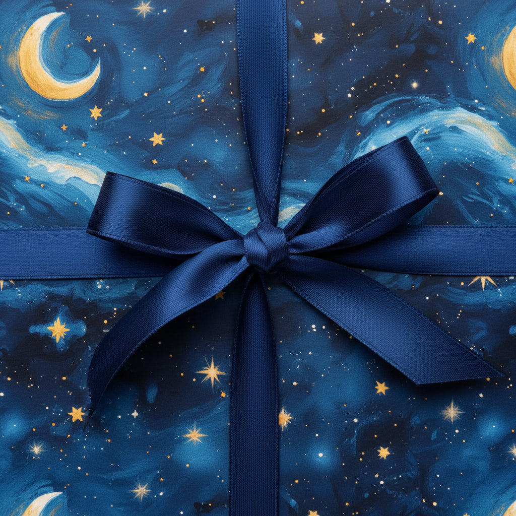 Navy ribbon on a gift wrapped in celestial wrapping paper with gold moons and stars.